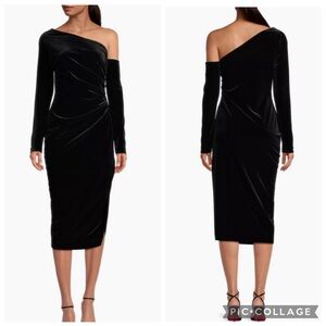 Donna Karan Asymmetrical One‎ Shoulder Velvet Midi Dress Black 14